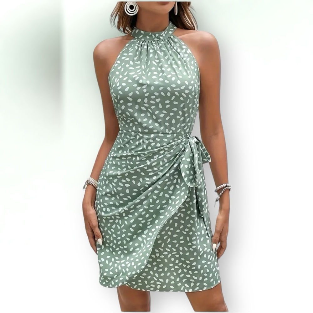 Allover Print, Choker Neck, Sleeveless,‎ Tied Dress - Size M